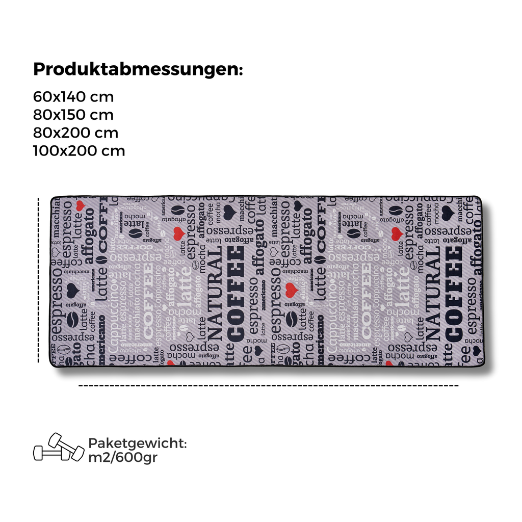 miqna Moderner Küchenteppich Gel Läufer Grau Weiß Schwarz Natural Coffee Design