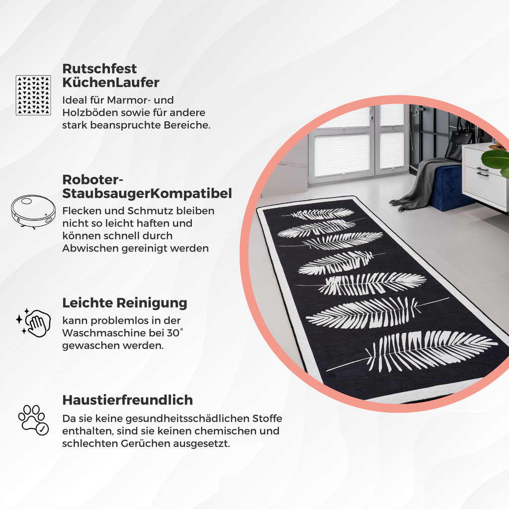 miqna Kurzflor Teppich Modern Geometrisch Hoja Schwarz 80x200 Rutschfest