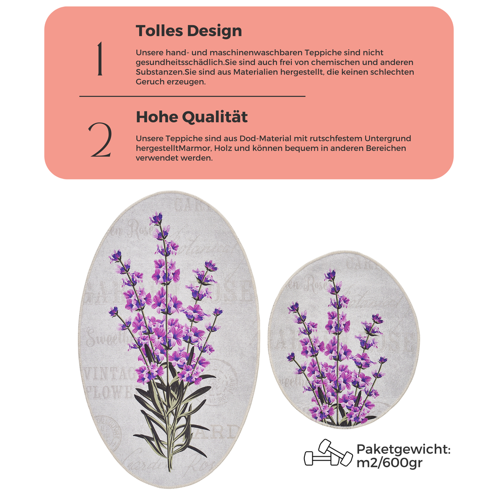 Miqna 2-teiliges Badteppich Set Lavendel Motiv Oval 60x100cm & 50x60cm
