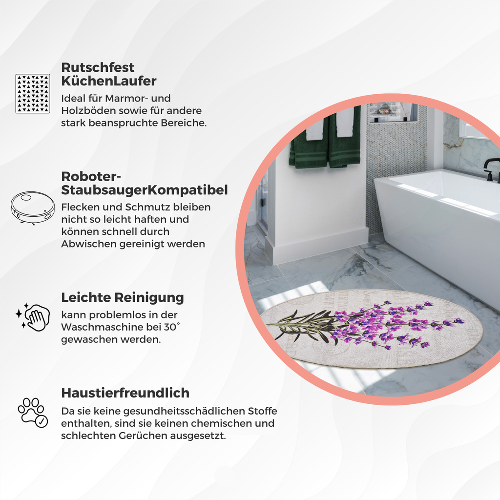 Miqna 2-teiliges Badteppich Set Lavendel Motiv Oval 60x100cm & 50x60cm