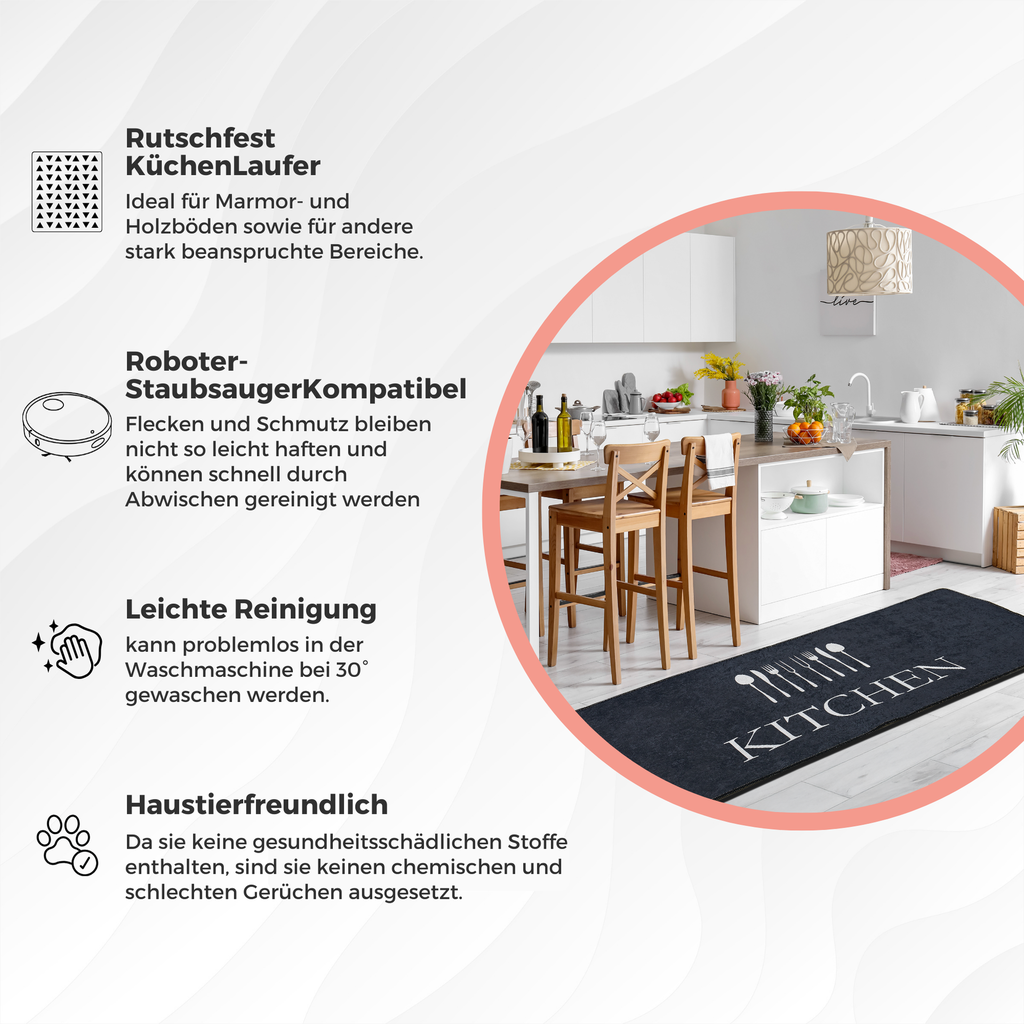 miqna Küchenteppich, rutschfeste Küchenläufer, Waschbarer Küchen Teppich, Schwarz