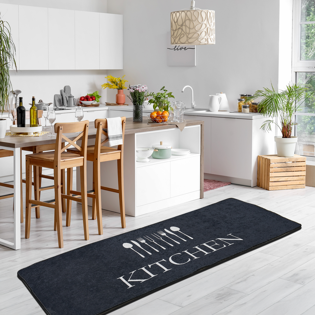 miqna Küchenteppich, rutschfeste Küchenläufer, Waschbarer Küchen Teppich, Schwarz