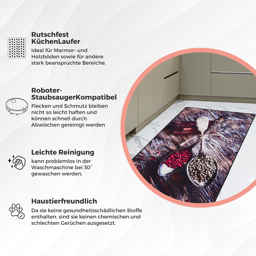 miqna Küchenteppich rutschfest, Waschbarer Küchenläufer Schwarz (Spice 100x200)