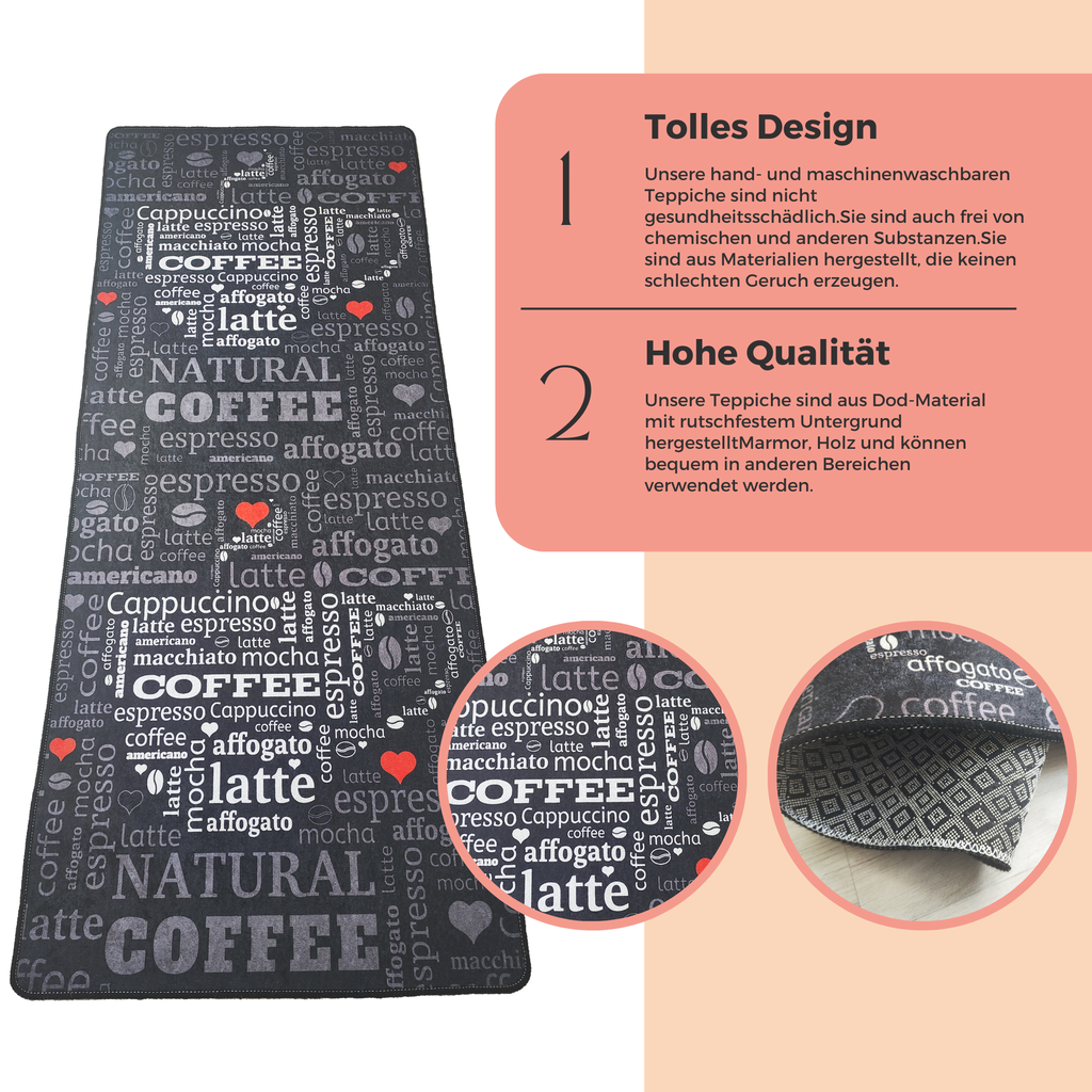 miqna Moderner Küchenteppich Gel Läufer Grau Weiß Schwarz Natural Coffee Design