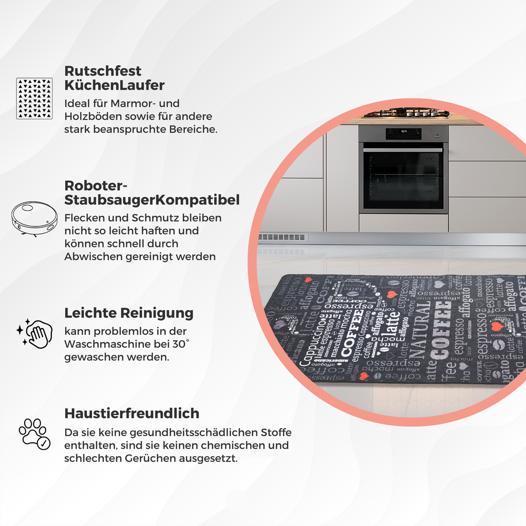 miqna Moderner Küchenteppich Gel Läufer Grau Weiß Schwarz Natural Coffee Design