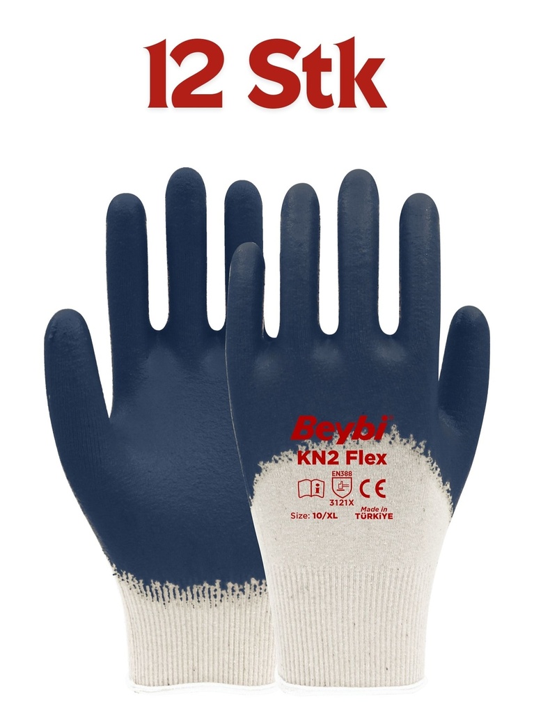 Beybi | 12 Paar Arbeitshandschuhe - Baumwolle, 3/4 Nitril-beschichtet