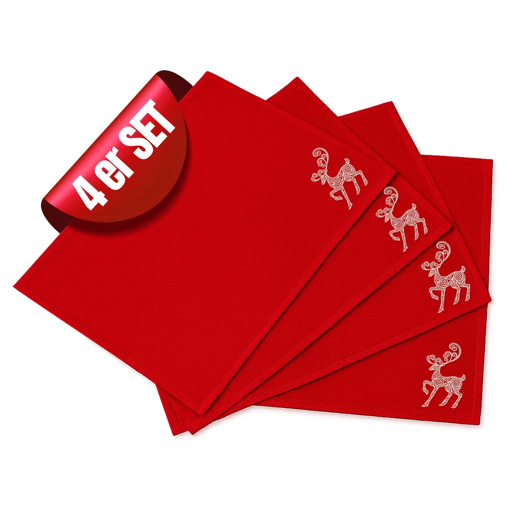 Tischsets Weihnachten, 4er Set Rot Gold Rentier-Stickerei, Abwaschbar 45x35 cm