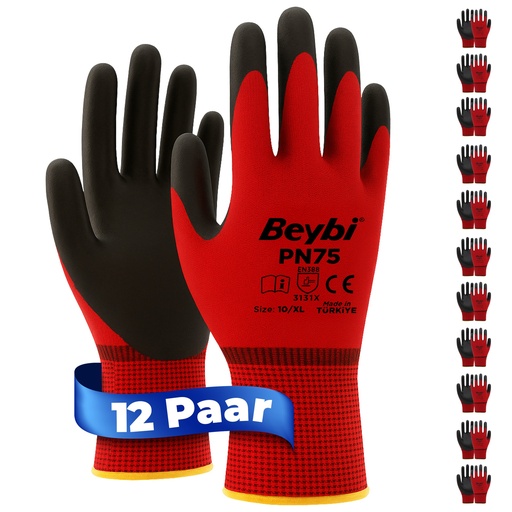 Beybi | 12 Paar Arbeitshandschuhe - Polyester, Nitril 1/2-Beschichtung