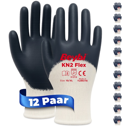 Beybi | 12 Paar Arbeitshandschuhe - Baumwolle, 3/4 Nitril-beschichtet