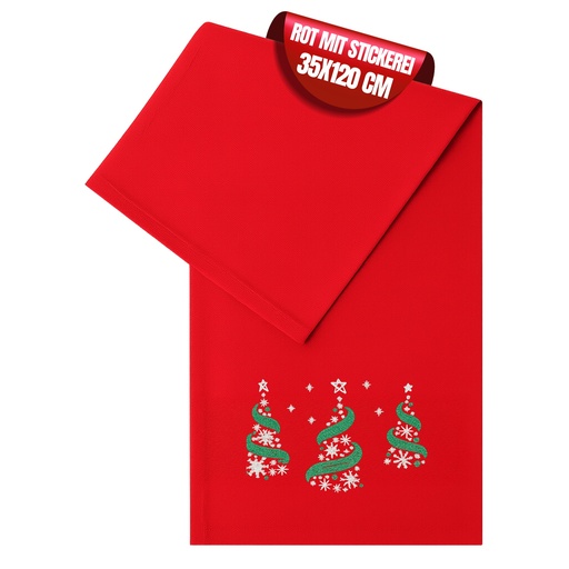 [G-409574] Weihnachtlicher Tischläufer Rot mit Tannenbaum-Stickerei 35x120, Weihnachtsdeko