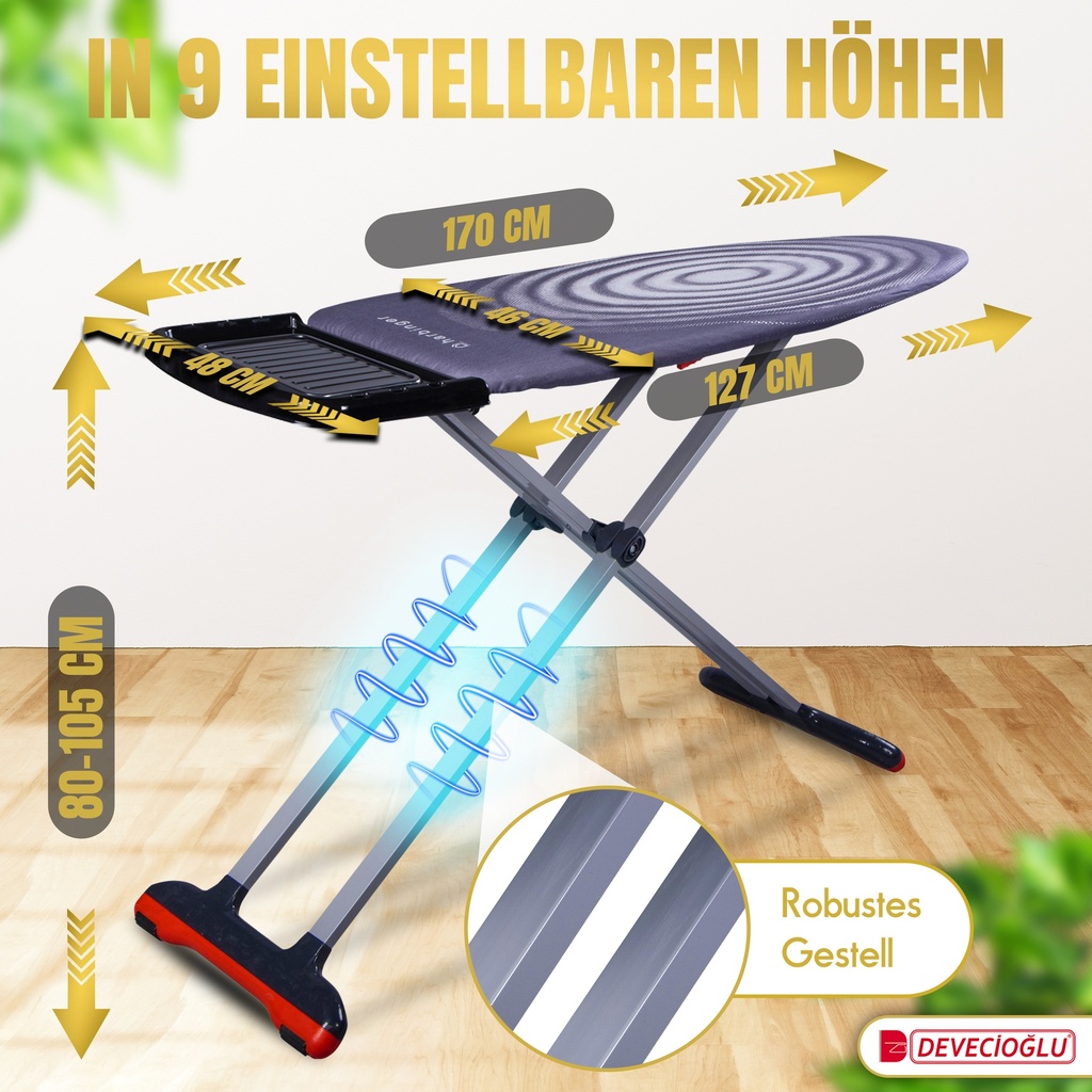 Bügelbrett 46x127 cm, höhenverstellbar, rutschfest, für Dampfbügelstation, Ironing Board