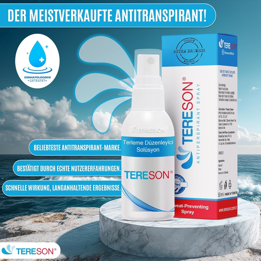 Tereson Antitranspirant Spray 50ml, stark gegen Schwitzen an Achseln und Händen x2