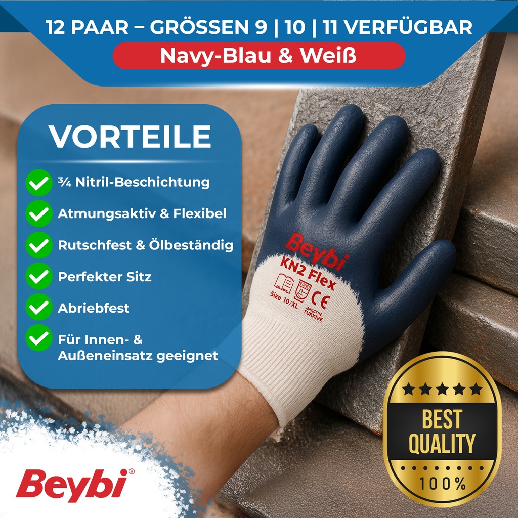Beybi | 12 Paar Arbeitshandschuhe - Baumwolle, 3/4 Nitril-beschichtet
