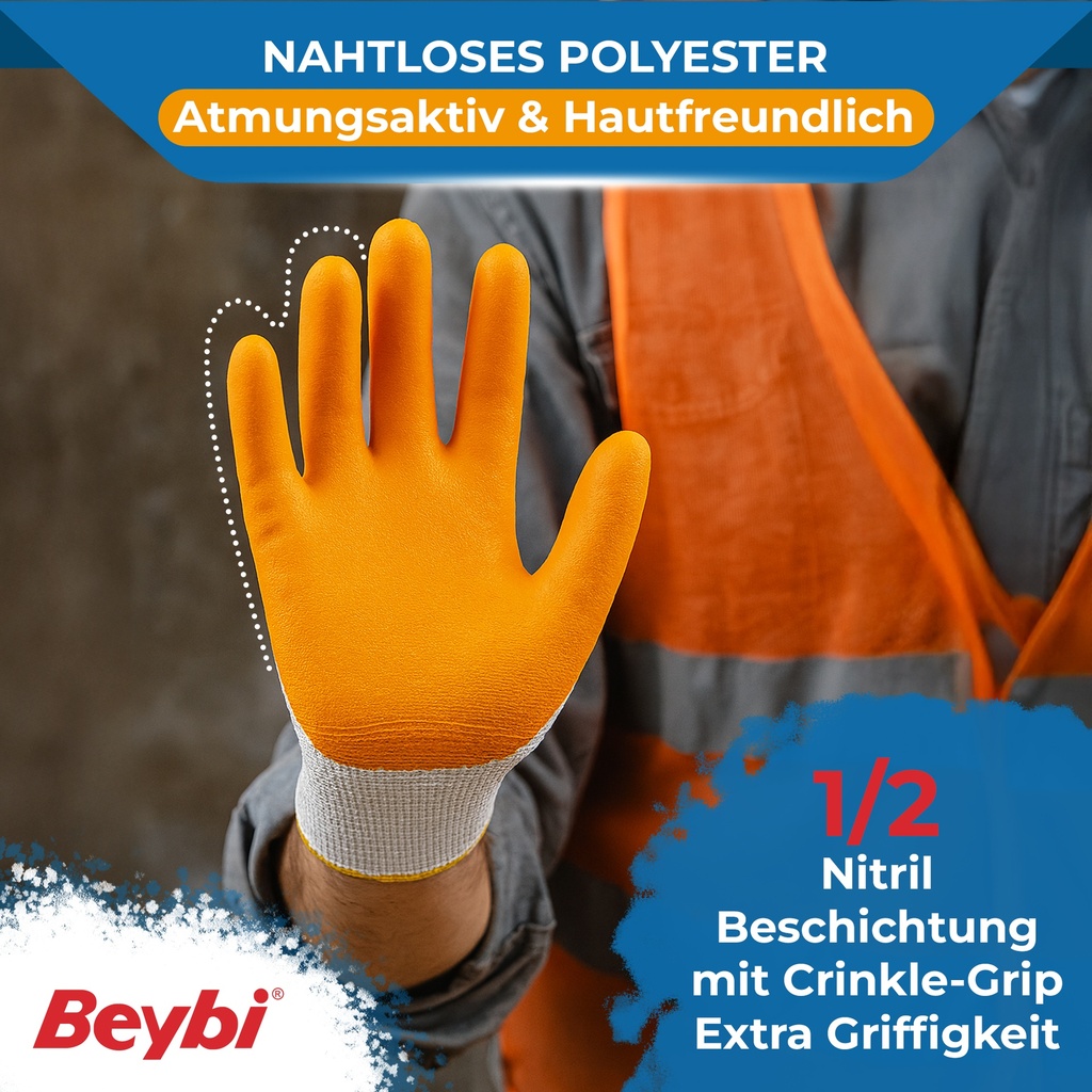 Beybi | 12 Paar Arbeitshandschuhe - Polyester, Nitril 1/2-Beschichtung