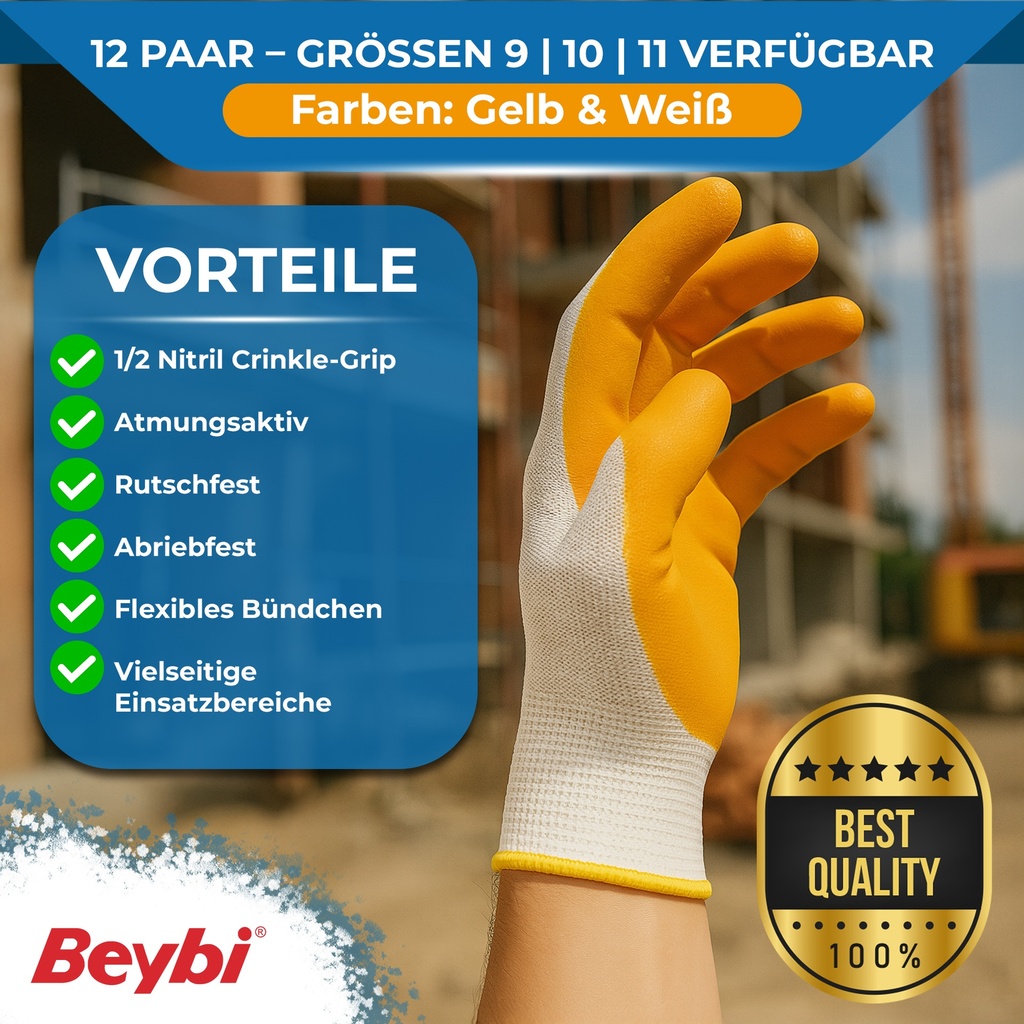 Beybi | 12 Paar Arbeitshandschuhe - Polyester, Nitril 1/2-Beschichtung