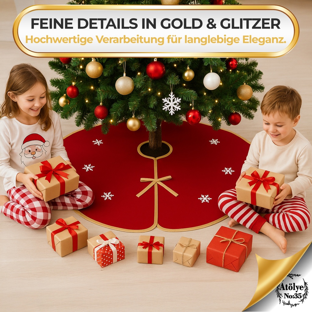 Weihnachtsbaumrock Rund Rot-Gold mit Schneeflocken-Motiv, 90 cm Weihnachtsdeko