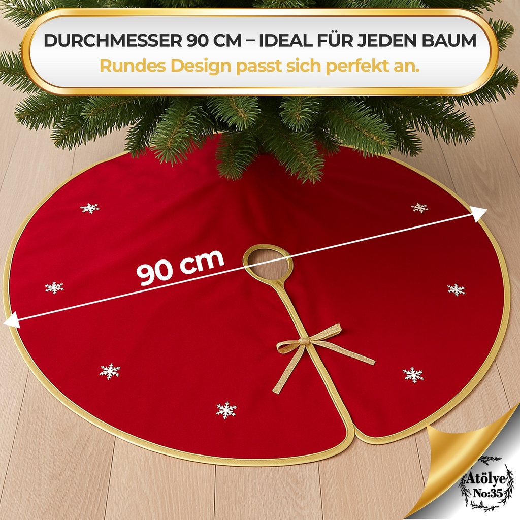 Weihnachtsbaumrock Rund Rot-Gold mit Schneeflocken-Motiv, 90 cm Weihnachtsdeko