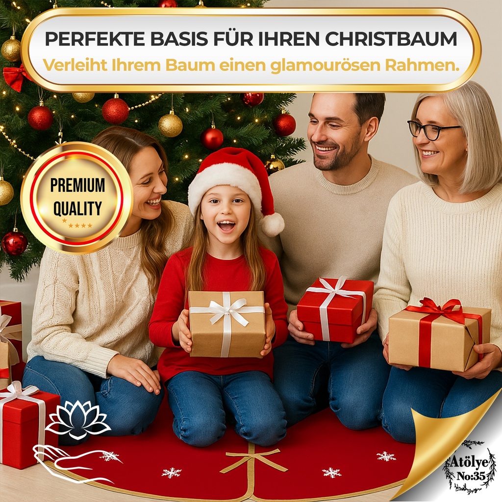 Weihnachtsbaumrock Rund Rot-Gold mit Schneeflocken-Motiv, 90 cm Weihnachtsdeko