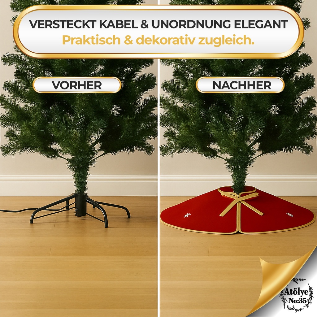 Weihnachtsbaumrock Rund Rot-Gold mit Schneeflocken-Motiv, 90 cm Weihnachtsdeko