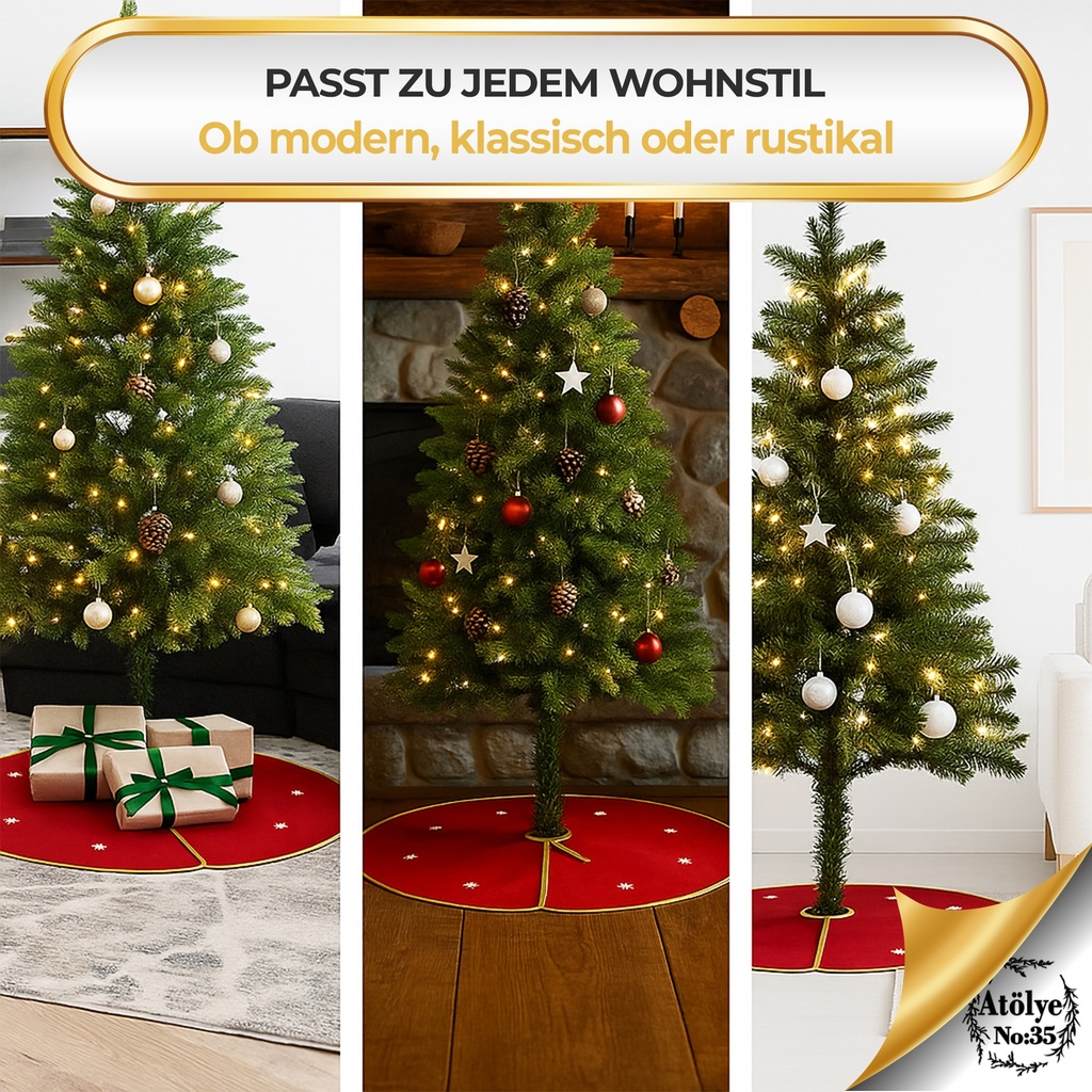 Weihnachtsbaumrock Rund Rot-Gold mit Schneeflocken-Motiv, 90 cm Weihnachtsdeko