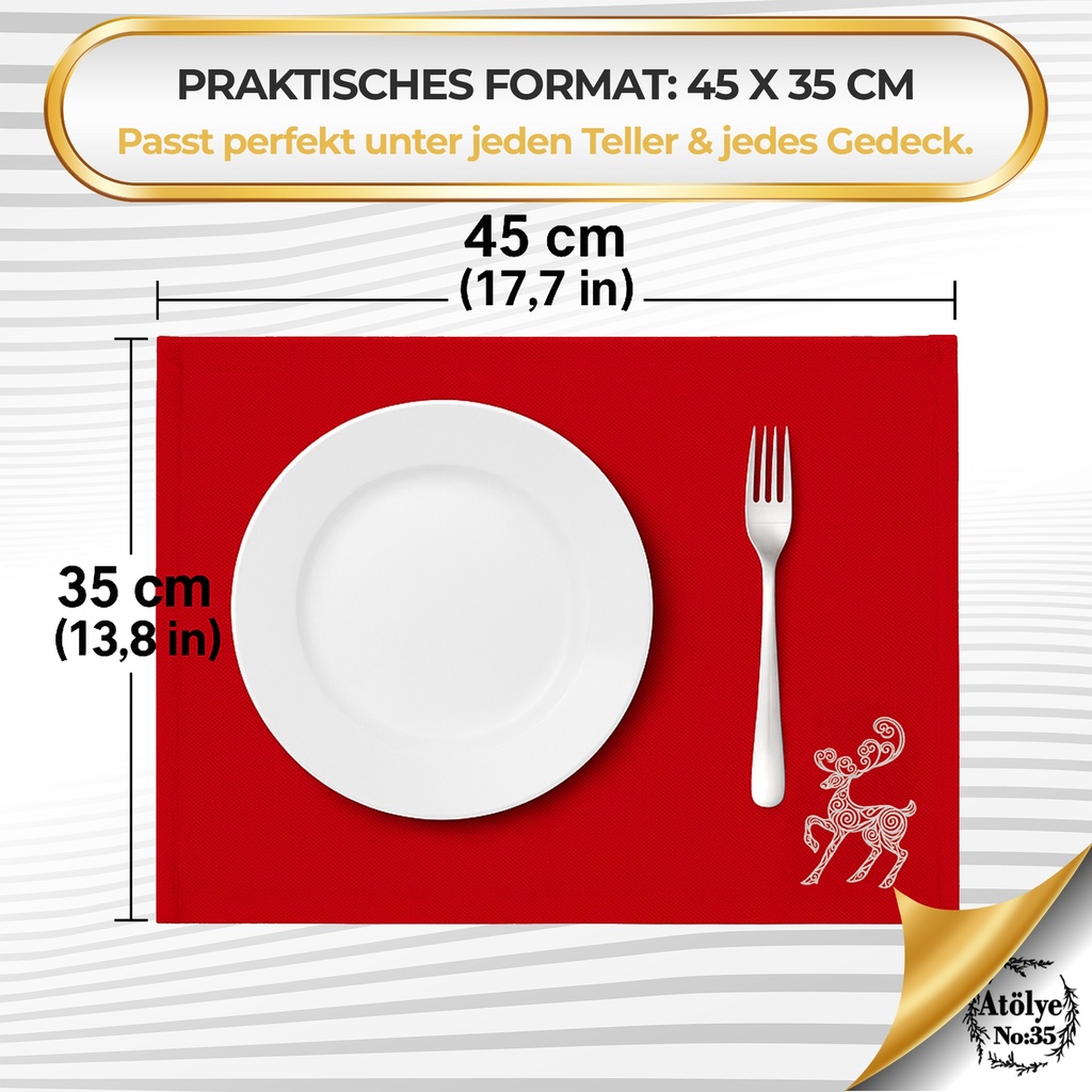 Tischsets Weihnachten, 4er Set Rot Gold Rentier-Stickerei, Abwaschbar 45x35 cm