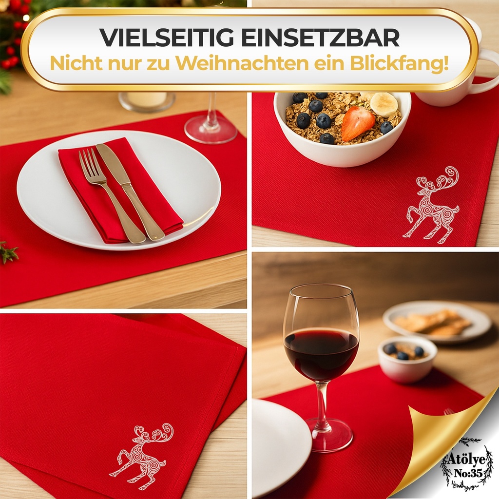 Tischsets Weihnachten, 4er Set Rot Gold Rentier-Stickerei, Abwaschbar 45x35 cm