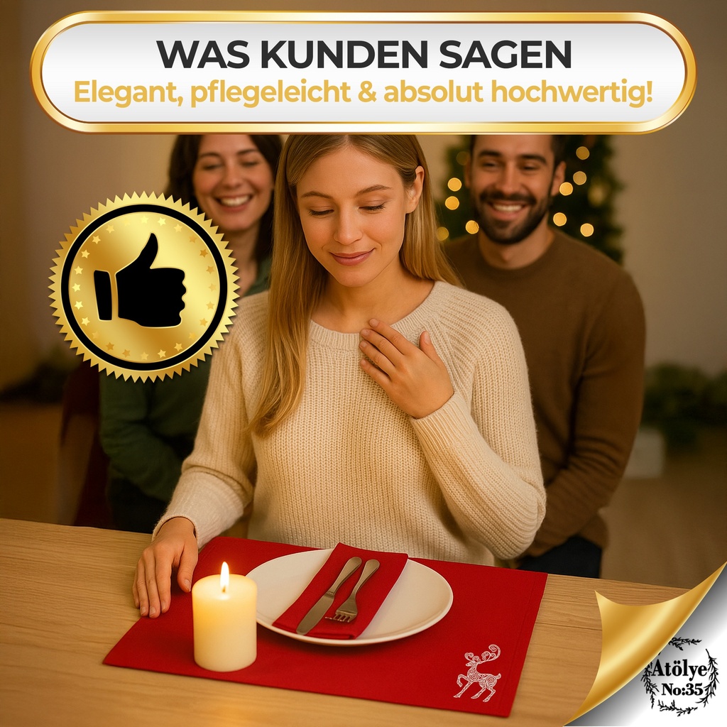 Tischsets Weihnachten, 4er Set Rot Gold Rentier-Stickerei, Abwaschbar 45x35 cm