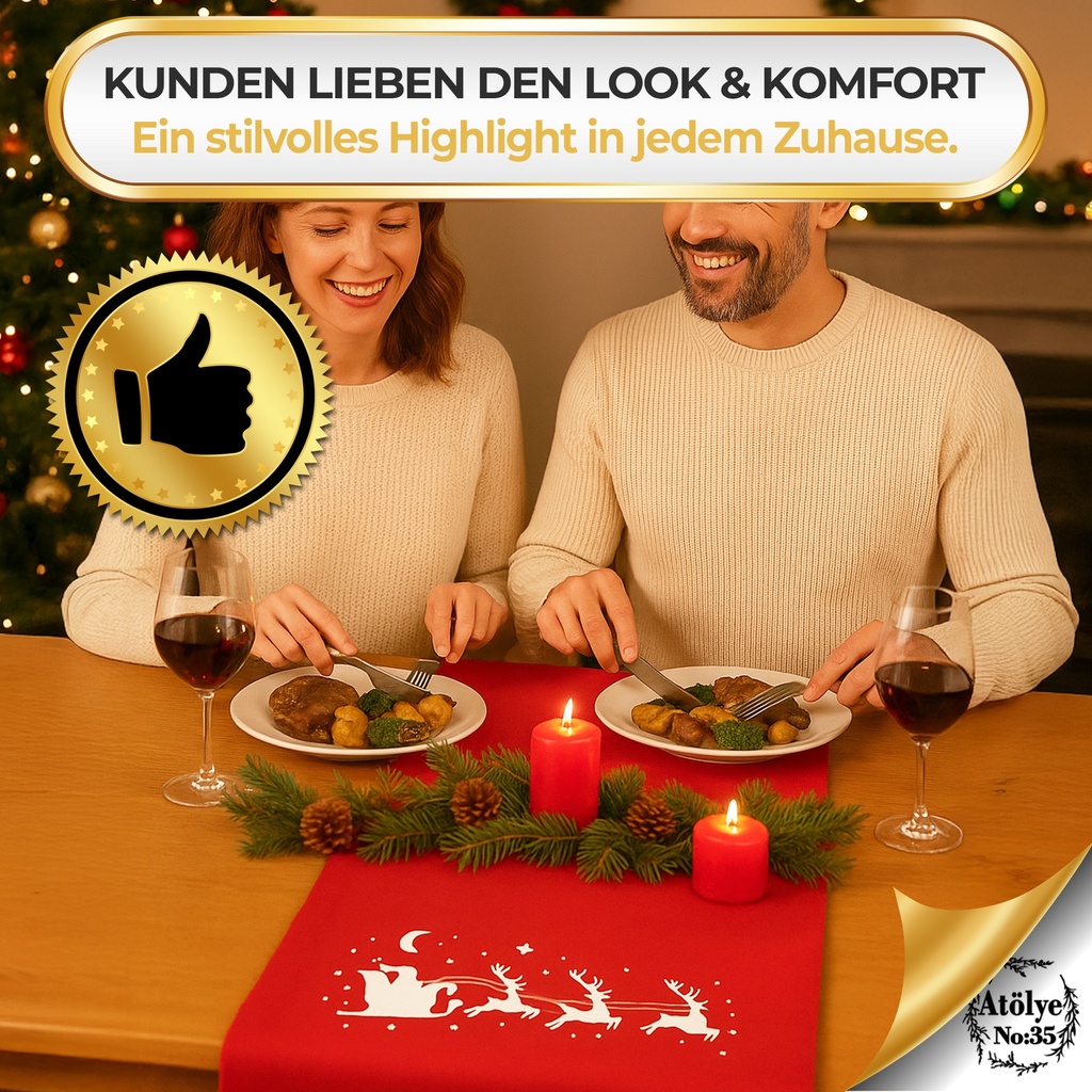 Weihnachtlicher Tischläufer Rot mit Santa&Rentier Golddruck 40x140 Weihnachtsdeko