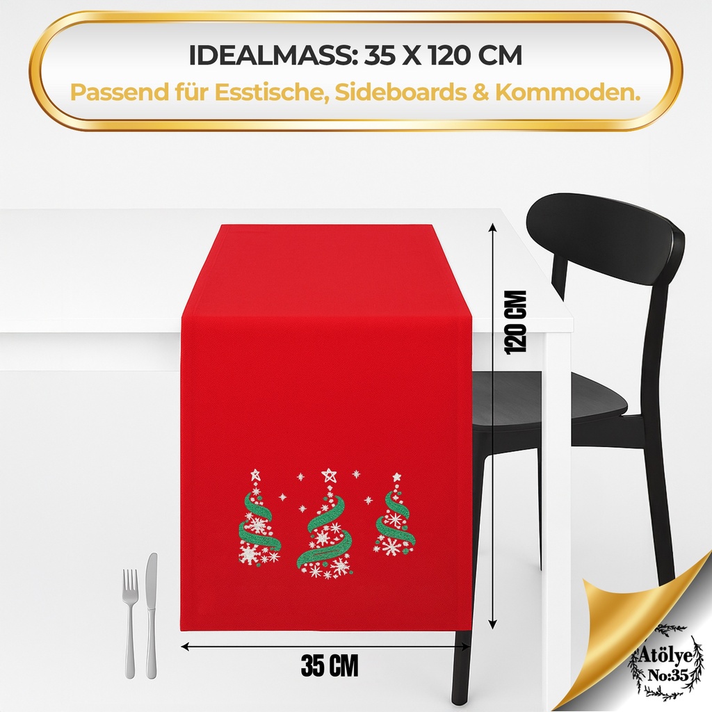 Weihnachtlicher Tischläufer Rot mit Tannenbaum-Stickerei 35x120, Weihnachtsdeko