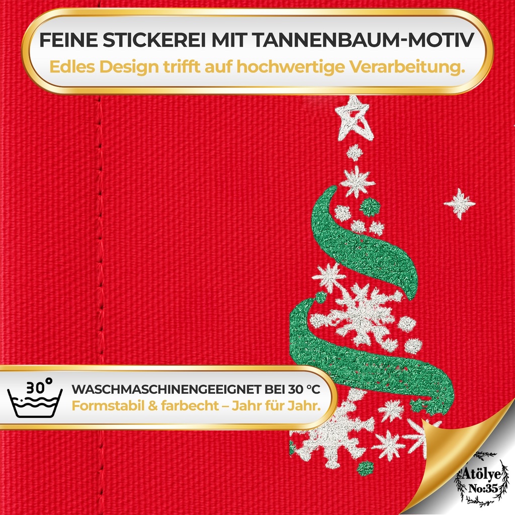 Weihnachtlicher Tischläufer Rot mit Tannenbaum-Stickerei 35x120, Weihnachtsdeko