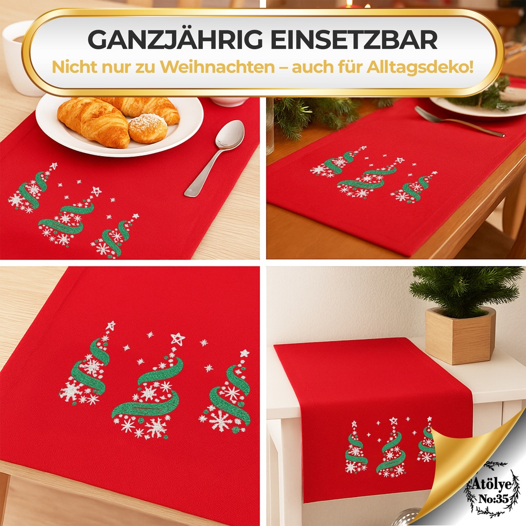 Weihnachtlicher Tischläufer Rot mit Tannenbaum-Stickerei 35x120, Weihnachtsdeko