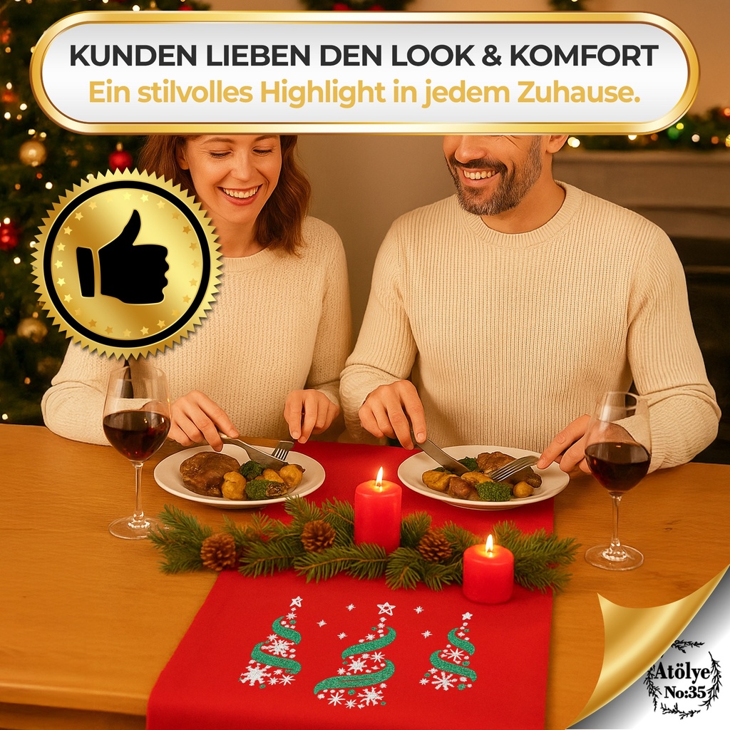 Weihnachtlicher Tischläufer Rot mit Tannenbaum-Stickerei 35x120, Weihnachtsdeko