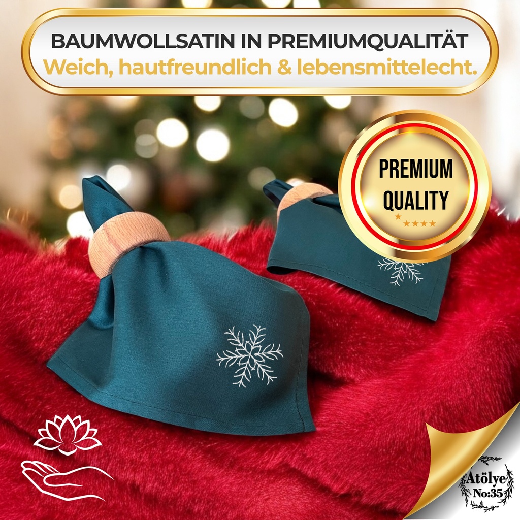 Stoffservietten Weihnachten 4er Set Zümrütgrün Schneeflocken-Stickerei 35x35 cm - Stickerei