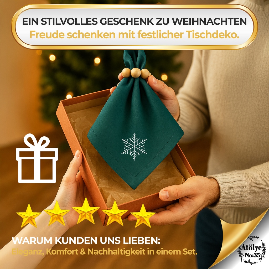 Stoffservietten Weihnachten 4er Set Zümrütgrün Schneeflocken-Stickerei 35x35 cm - Stickerei