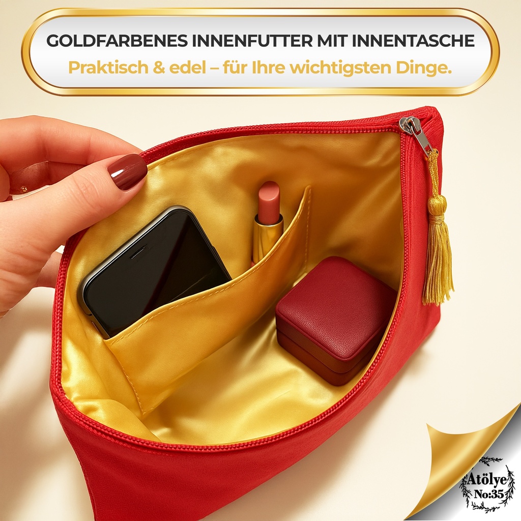 Kulturtasche Damen, Kosmetiktasche Rot, Goldgemustert,  32x24 cm
