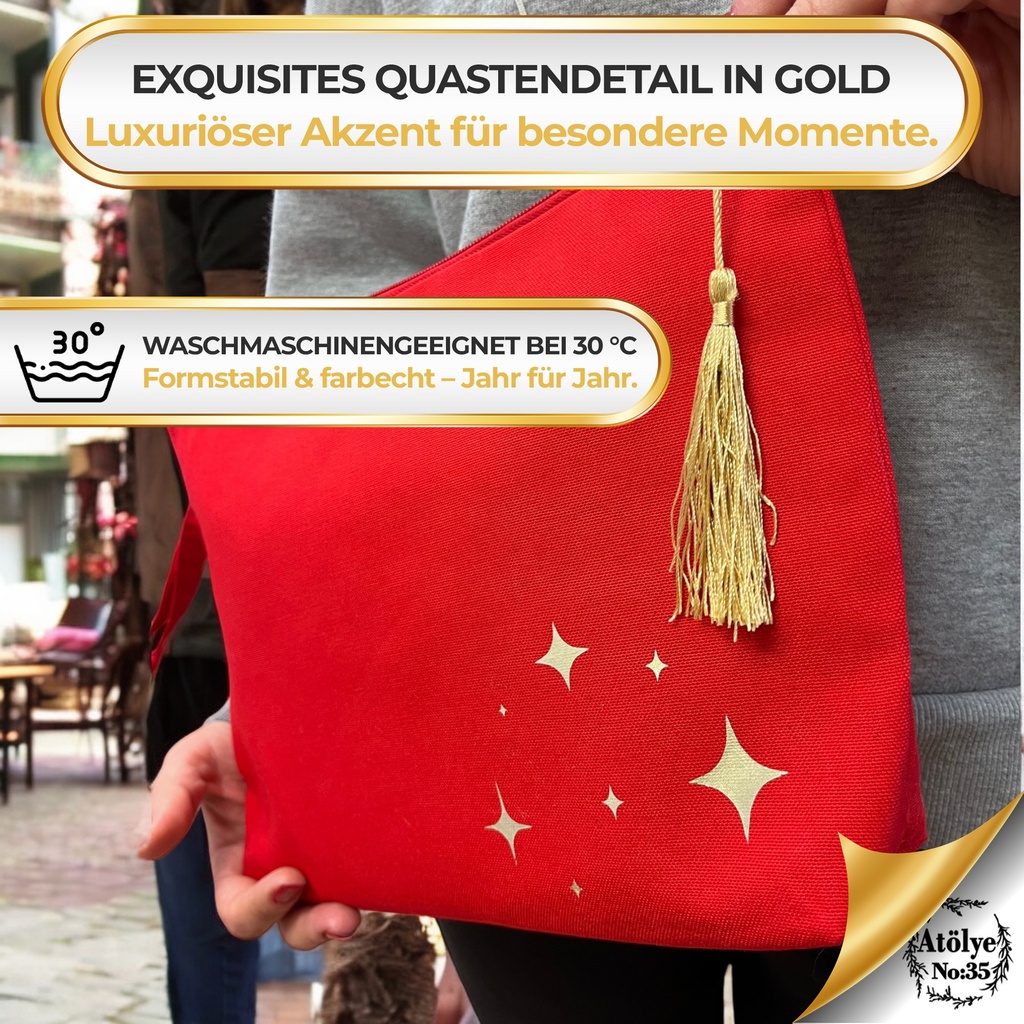 Kulturtasche Damen, Kosmetiktasche Rot, Goldgemustert,  32x24 cm