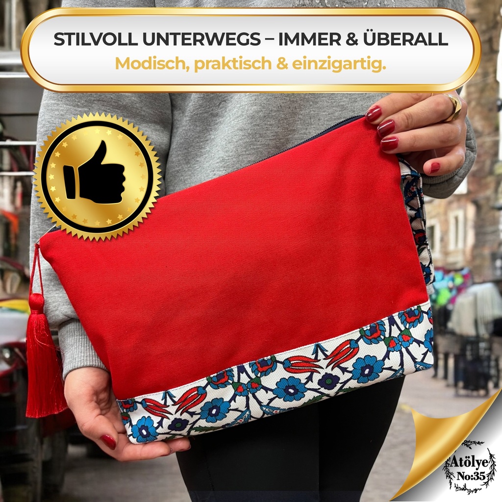 Kulturtasche Damen, Kosmetiktasche Rot, Etnisches Muster, 32x24 cm