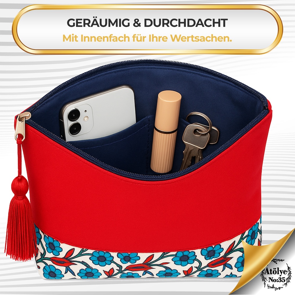 Kulturtasche Damen, Kosmetiktasche Rot, Etnisches Muster, 32x24 cm