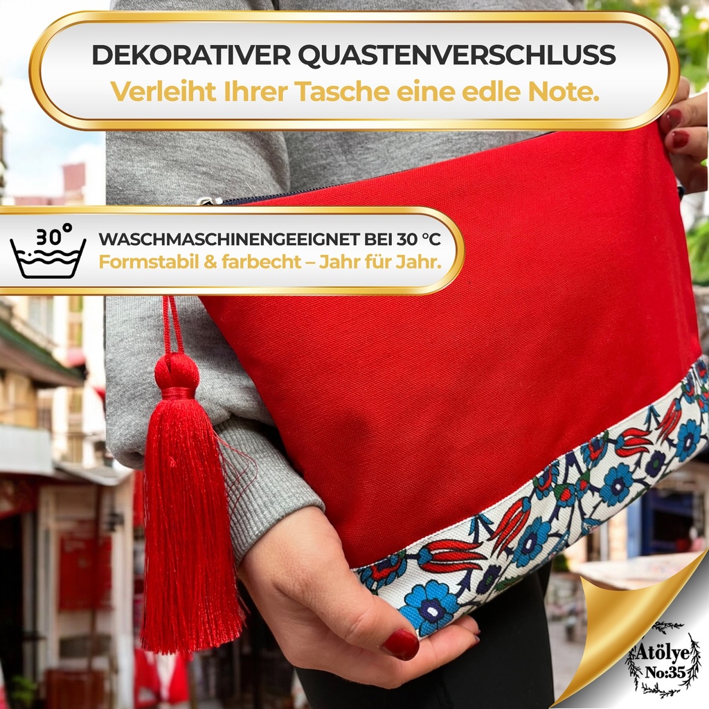 Kulturtasche Damen, Kosmetiktasche Rot, Etnisches Muster, 32x24 cm