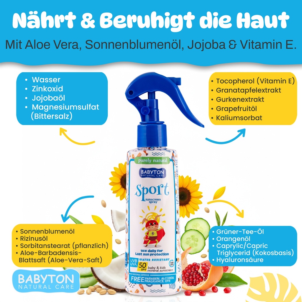 Babyton Kids Sonnenschutz SPF 50 Spray | Mineralisch, Wasserfest, Empfindliche Haut