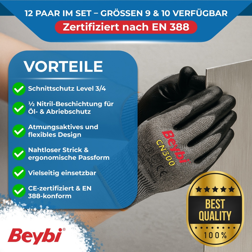 Beybi | 12 Paar Arbeitshandschuhe, Nitrile 1/2 Coated, robust