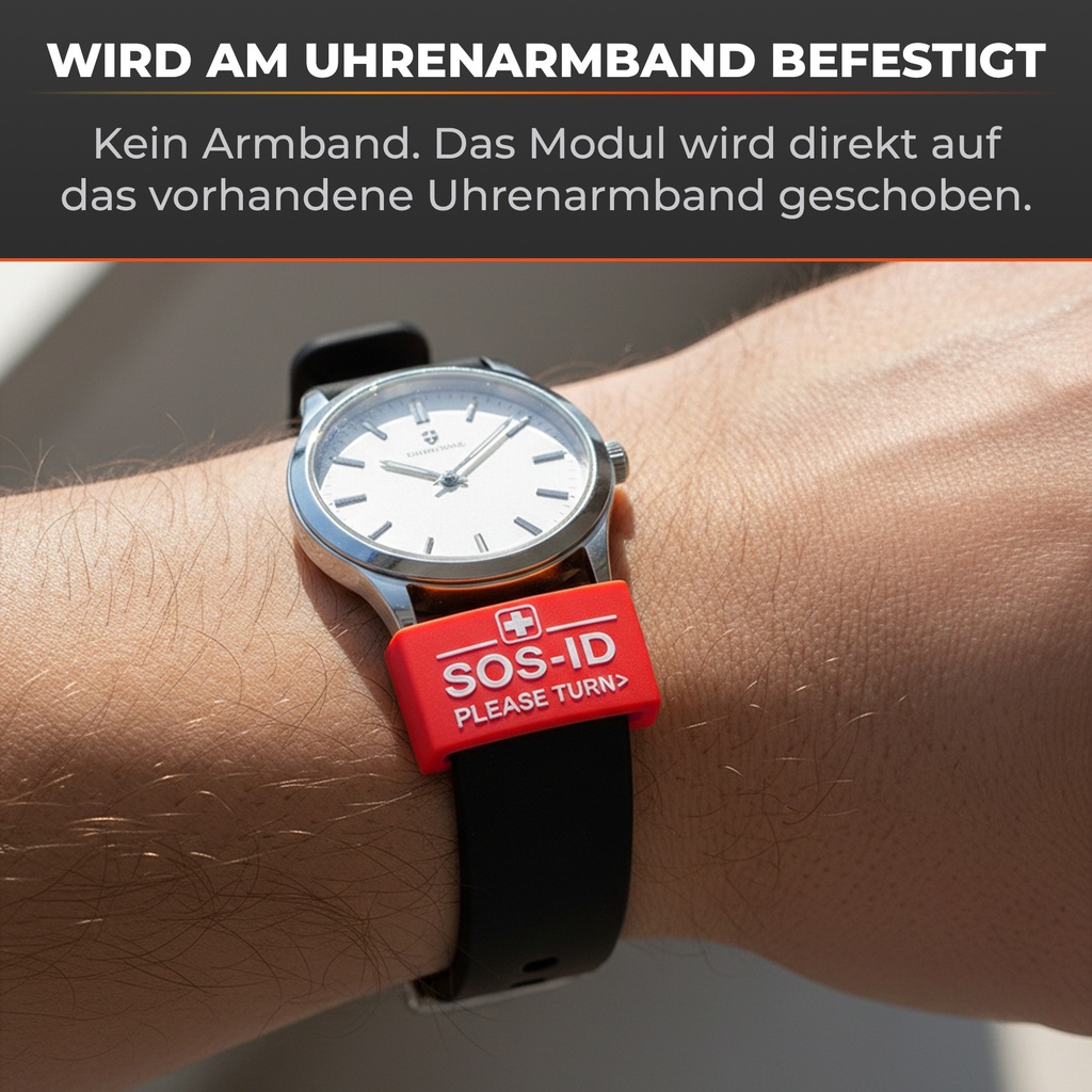 SOS-ID Armbandschlaufe. Innovativ und angenehm zu tragen. Rot