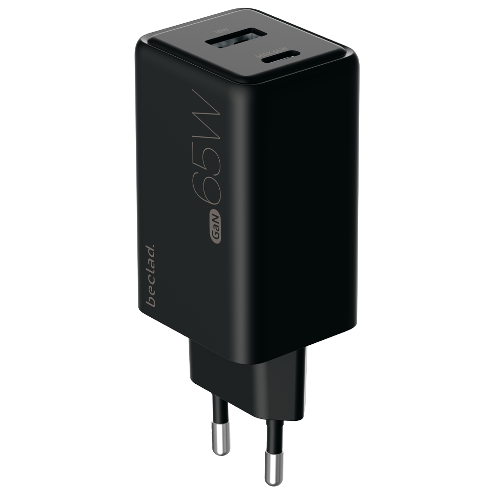 beclad. 65W 2 Port  Travel Adapter (C+A) BLACK BE-PT765BG-GR