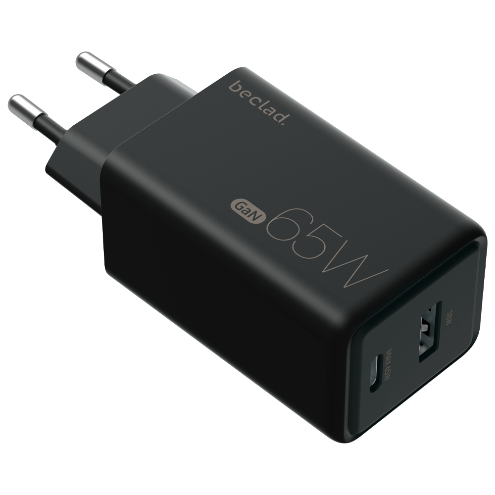 beclad. 65W 2 Port  Travel Adapter (C+A) BLACK BE-PT765BG-GR