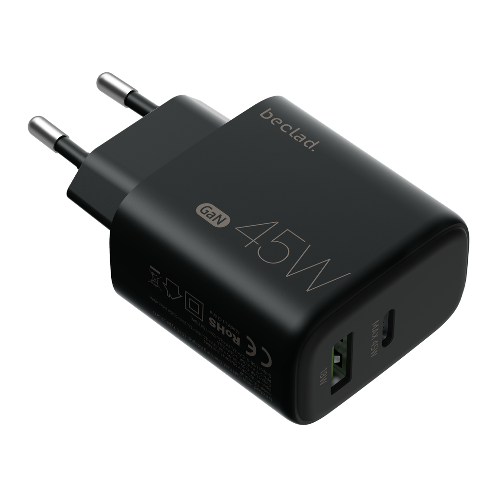 beclad. 45W 2 Port  Travel Adapter (C+A Max 20W) BLACK BE-PT745BG-GR