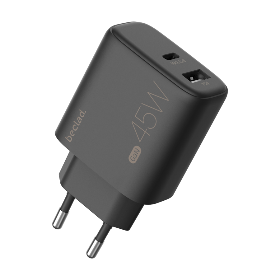 beclad. 45W USB C + USB A Ladegerät 2-Port Schnelladapter Schwarz