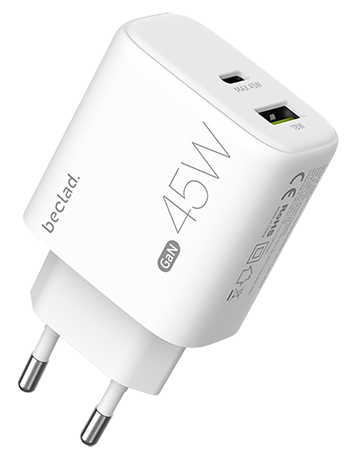 beclad. 45W 2 Port  Travel Adapter (C+A Max 20W) WHITE BE-PT745WG-GR