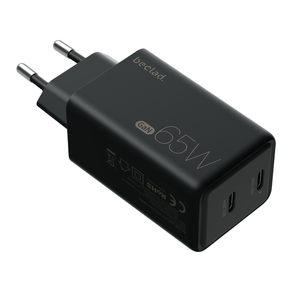beclad. 65W Type C 2 Port Travel Adapter (C+C) BLACK BE-PT765CBG-GR