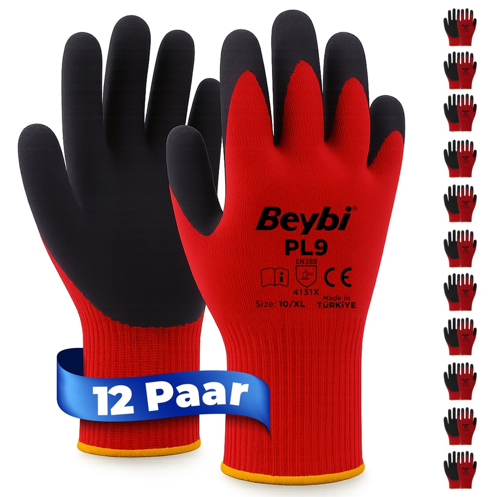 Beybi | 12 Paar Arbeitshandschuhe – Polyester, Latex-beschichtet, rutschfest