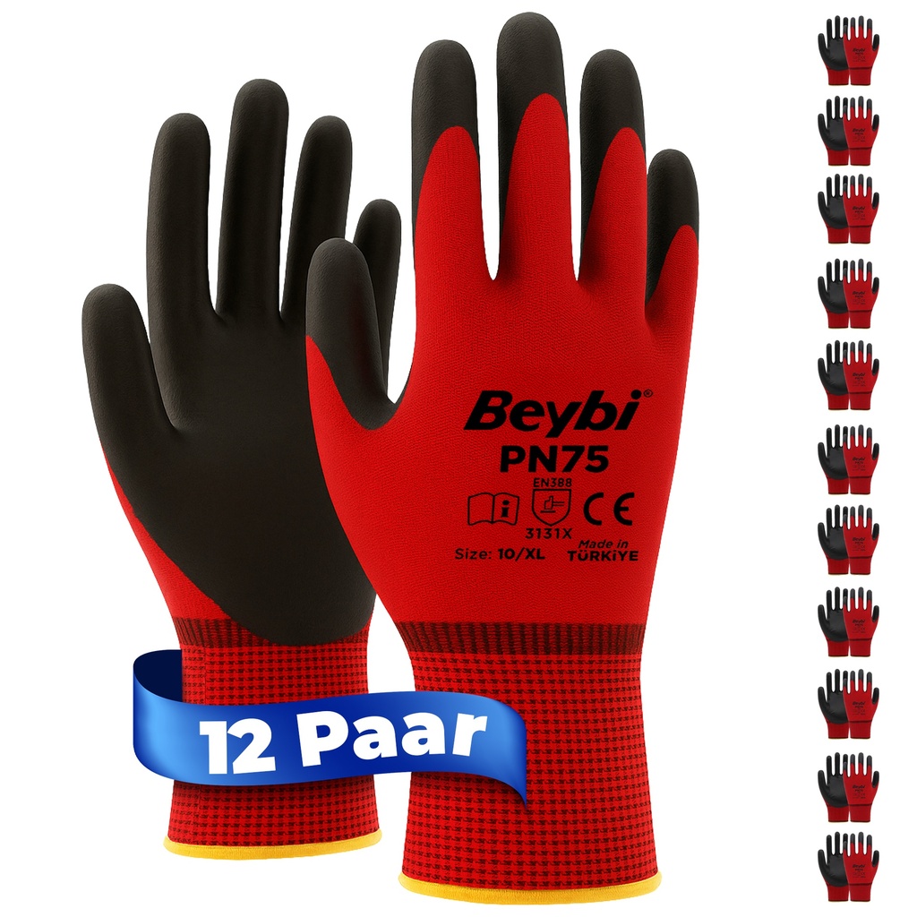 Beybi | 12 Paar Arbeitshandschuhe - Polyester, Nitril 1/2-Beschichtung
